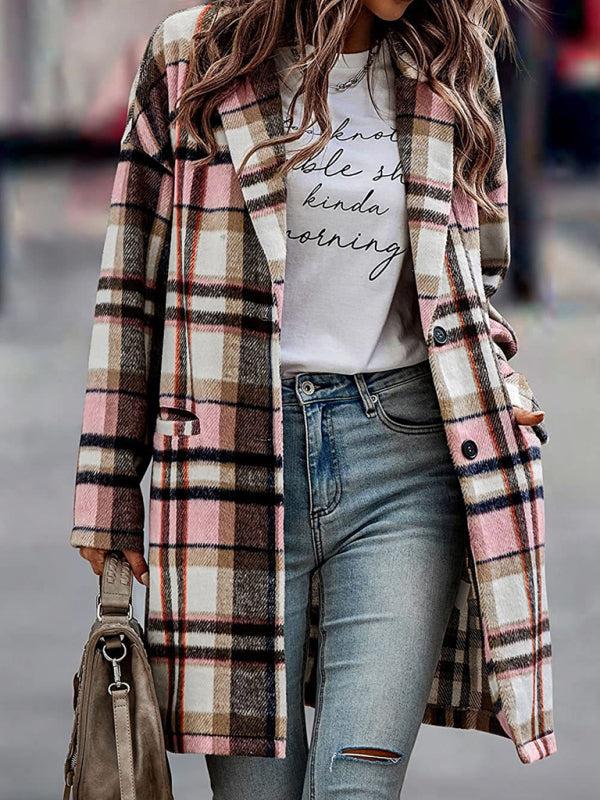 Long Sleeve Plaid Print Detail Long Blazer Coat - Serenity Land fashion