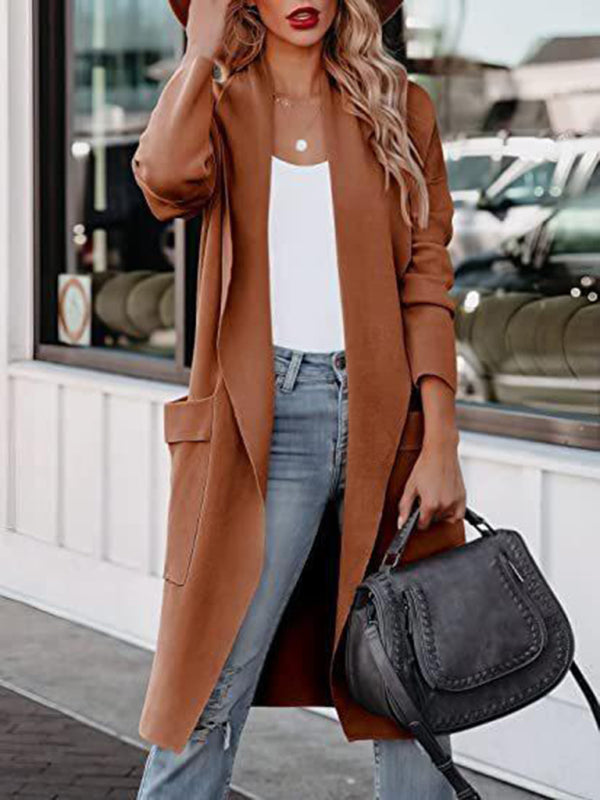 Casual Overcoat With Large Front Pockets And Folded Collar - Serenity Land fashion
