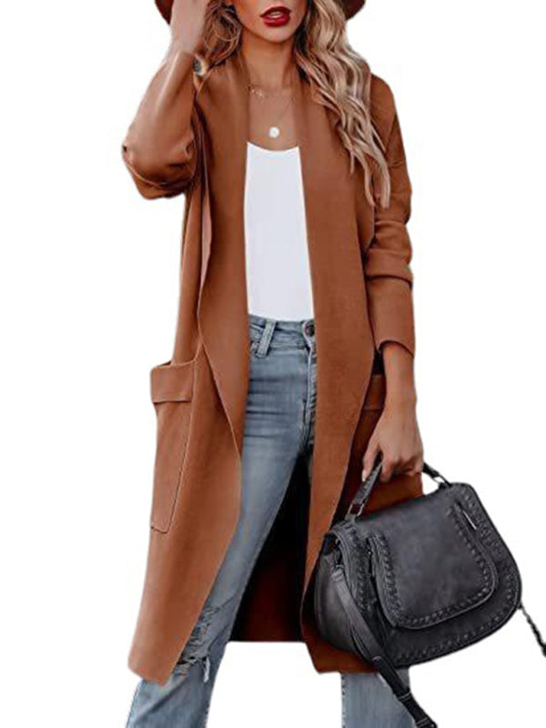 Casual Overcoat With Large Front Pockets And Folded Collar - Serenity Land fashion