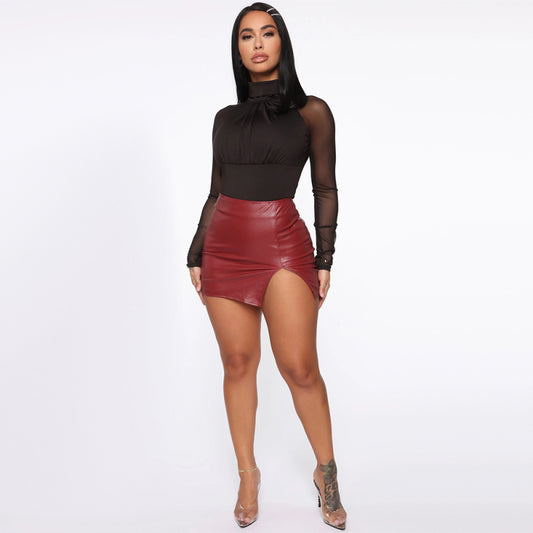 Slit Hem Faux Leather Miniskirt - Serenity Land fashion