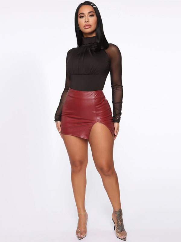 Slit Hem Faux Leather Miniskirt - Serenity Land fashion