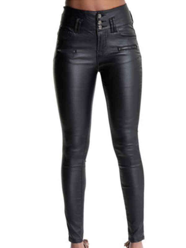 Faux Leather Exposed ButtonHigh Rise Skinny Pants
