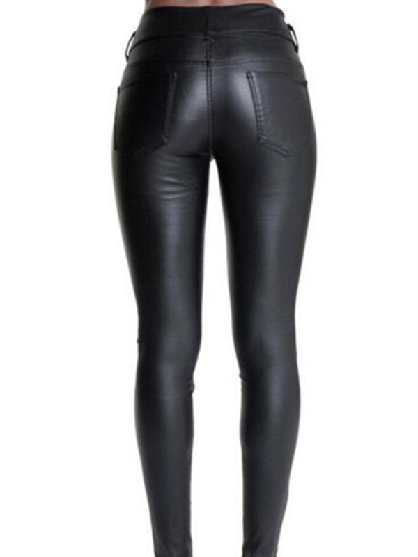 Faux Leather Exposed ButtonHigh Rise Skinny Pants