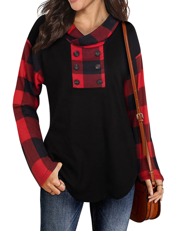 Combo Color Plaid Hoodie With Decorative Buttons - Serenity Land fashion