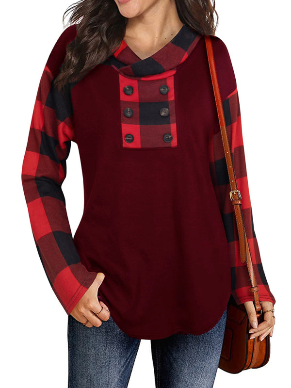 Combo Color Plaid Hoodie With Decorative Buttons - Serenity Land fashion
