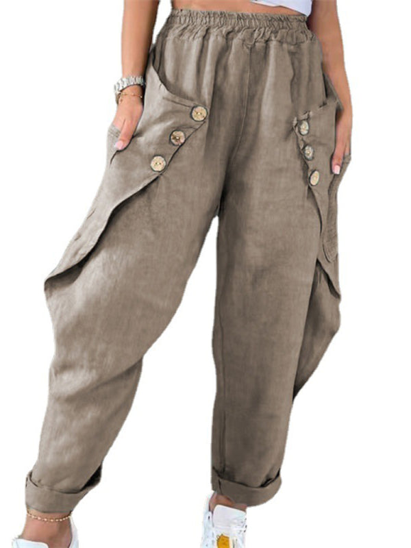 Solid Color Soft Blend Bat Buttons Cargo Pants
