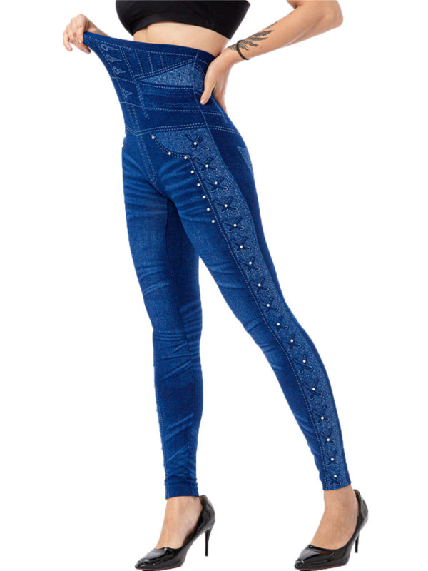 Solid Color High Waist Studded Waist Leggings
