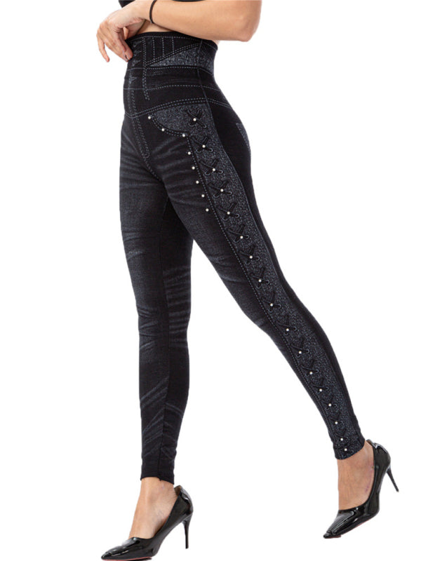 Solid Color High Waist Studded Waist Leggings