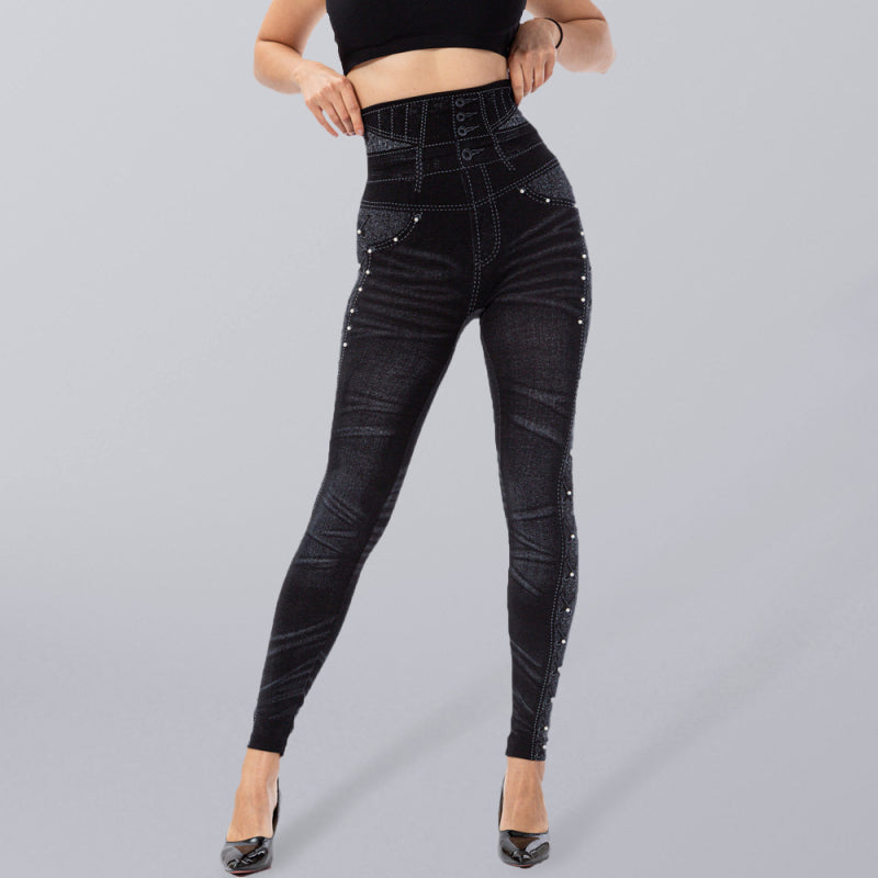 Solid Color High Waist Studded Waist Leggings