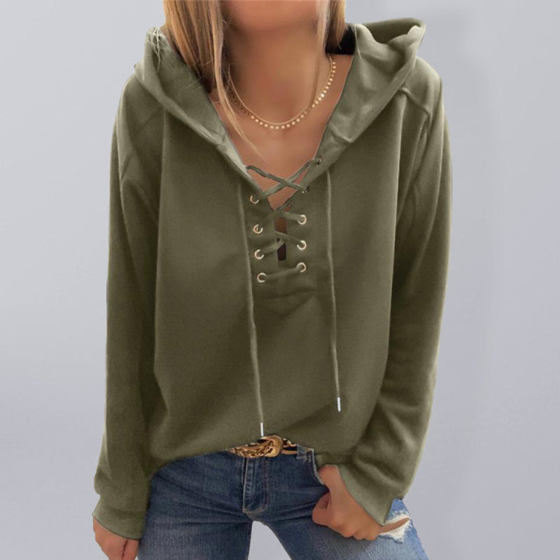 Solid Color Lace Up Long Sleeve Hoodie - Serenity Land fashion