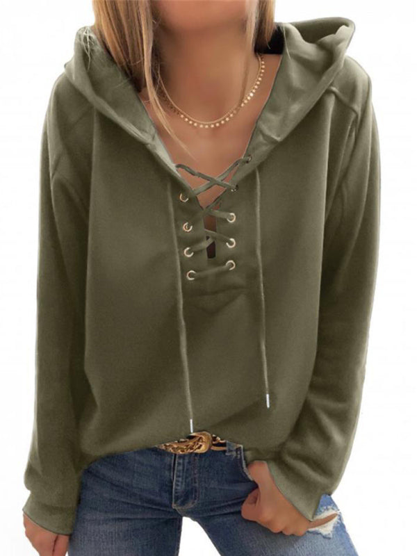 Solid Color Lace Up Long Sleeve Hoodie - Serenity Land fashion