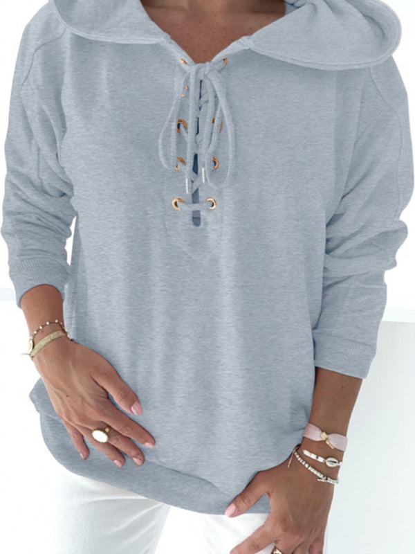 Solid Color Lace Up Long Sleeve Hoodie - Serenity Land fashion