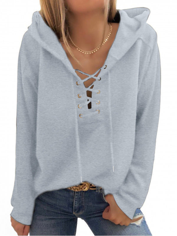 Solid Color Lace Up Long Sleeve Hoodie - Serenity Land fashion