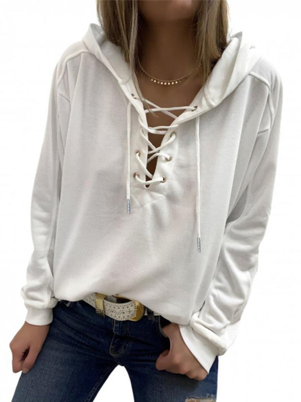 Solid Color Lace Up Long Sleeve Hoodie - Serenity Land fashion