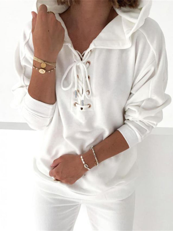 Solid Color Lace Up Long Sleeve Hoodie - Serenity Land fashion