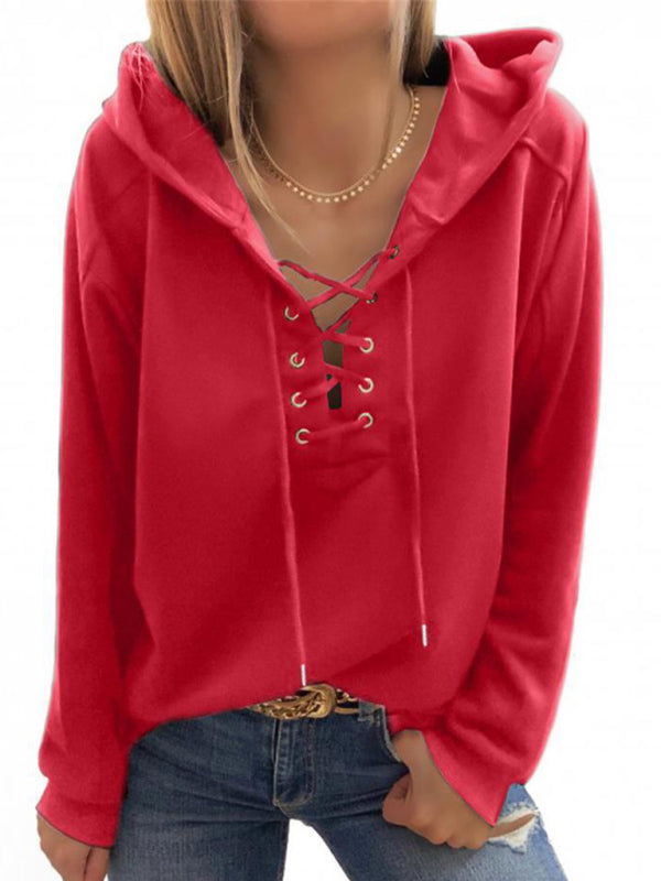 Solid Color Lace Up Long Sleeve Hoodie - Serenity Land fashion
