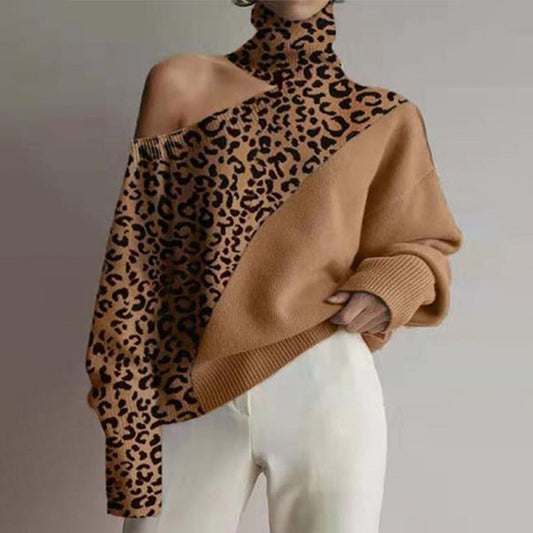 Leopard Print One Shoulder Sweater - Serenity Land fashion
