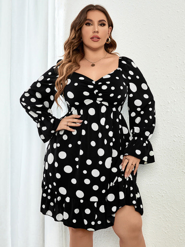 Sweetheart Neck, Dot Print Ruched Sleeve A Line Minidress