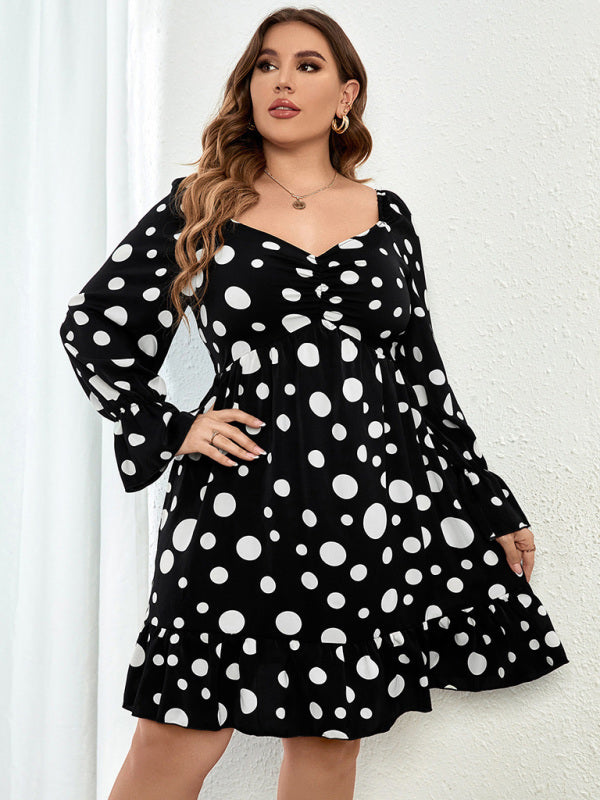 Sweetheart Neck, Dot Print Ruched Sleeve A Line Minidress