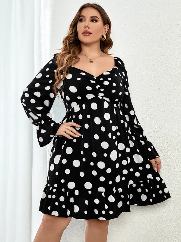 Sweetheart Neck, Dot Print Ruched Sleeve A Line Minidress