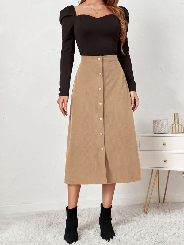 Solid Color Corduroy Button Front A Line Midi Skirt - Serenity Land fashion