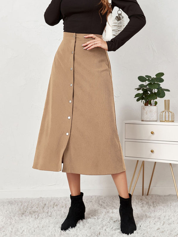 Solid Color Corduroy Button Front A Line Midi Skirt - Serenity Land fashion