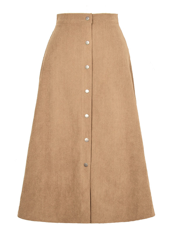 Solid Color Corduroy Button Front A Line Midi Skirt - Serenity Land fashion
