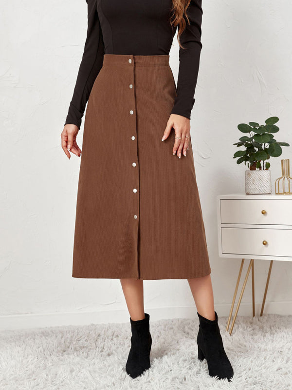 Solid Color Corduroy Button Front A Line Midi Skirt - Serenity Land fashion