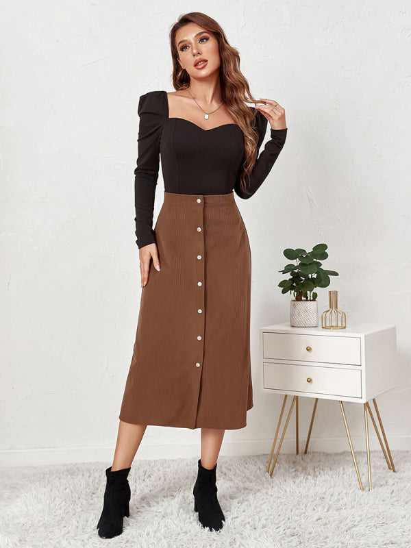 Solid Color Corduroy Button Front A Line Midi Skirt - Serenity Land fashion