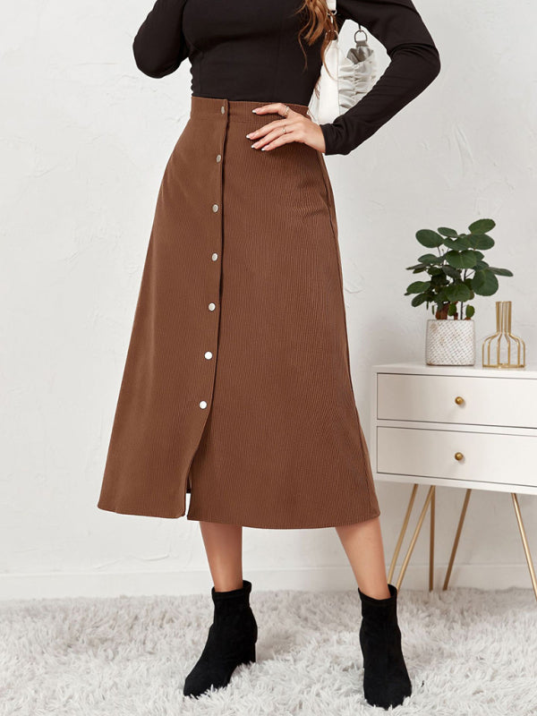 Solid Color Corduroy Button Front A Line Midi Skirt - Serenity Land fashion