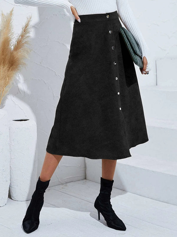 Solid Color Corduroy Button Front A Line Midi Skirt - Serenity Land fashion