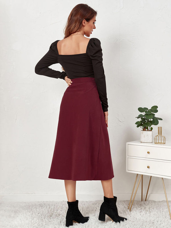 Solid Color Corduroy Button Front A Line Midi Skirt - Serenity Land fashion