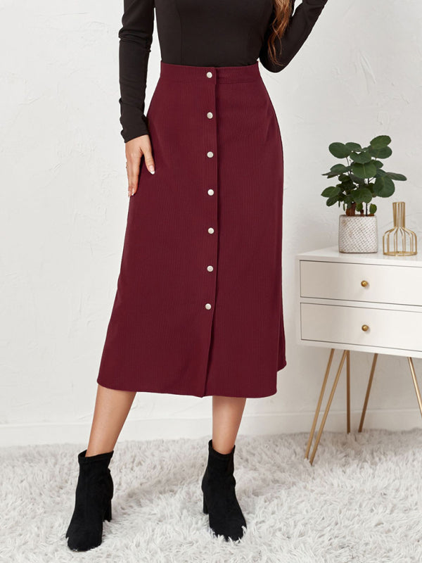 Solid Color Corduroy Button Front A Line Midi Skirt - Serenity Land fashion