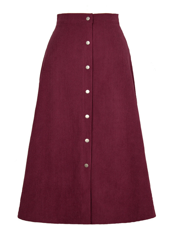 Solid Color Corduroy Button Front A Line Midi Skirt - Serenity Land fashion