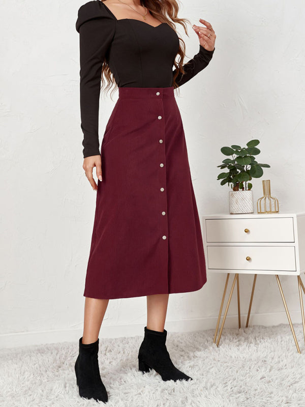 Solid Color Corduroy Button Front A Line Midi Skirt - Serenity Land fashion