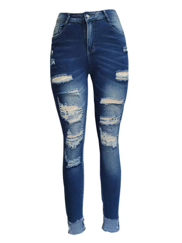Rip Distressed Lined With Plaid Print Curvy Fit Skinny Jeans - Serenity Land fashion