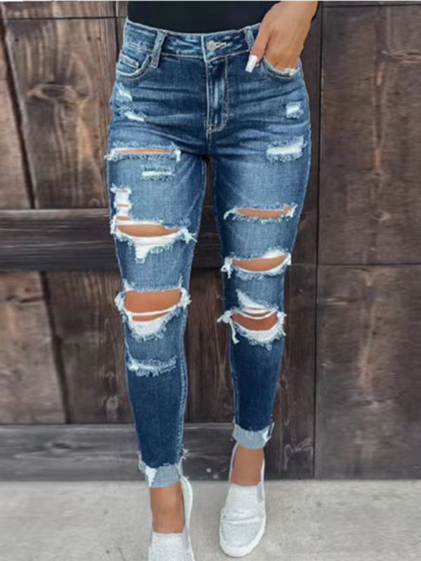 Rip Distressed Lined With Plaid Print Curvy Fit Skinny Jeans - Serenity Land fashion