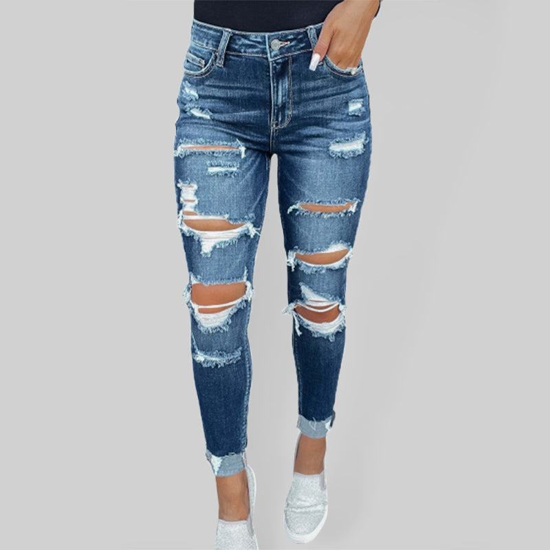 Rip Distressed Lined With Plaid Print Curvy Fit Skinny Jeans - Serenity Land fashion