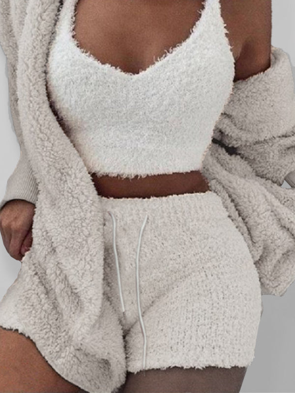 Solid Color Warm Fuzzy Fleece Faux Sherpa 3 Piece Pajamas - Serenity Land fashion