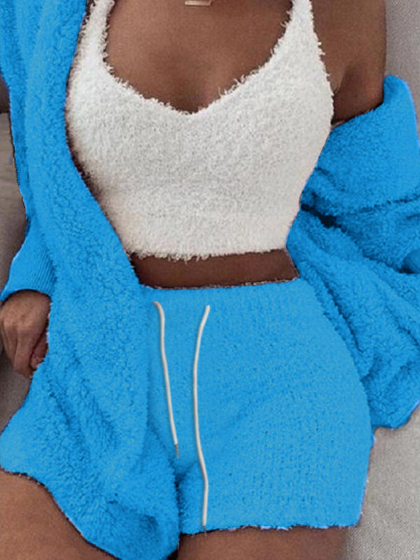 Solid Color Warm Fuzzy Fleece Faux Sherpa 3 Piece Pajamas - Serenity Land fashion