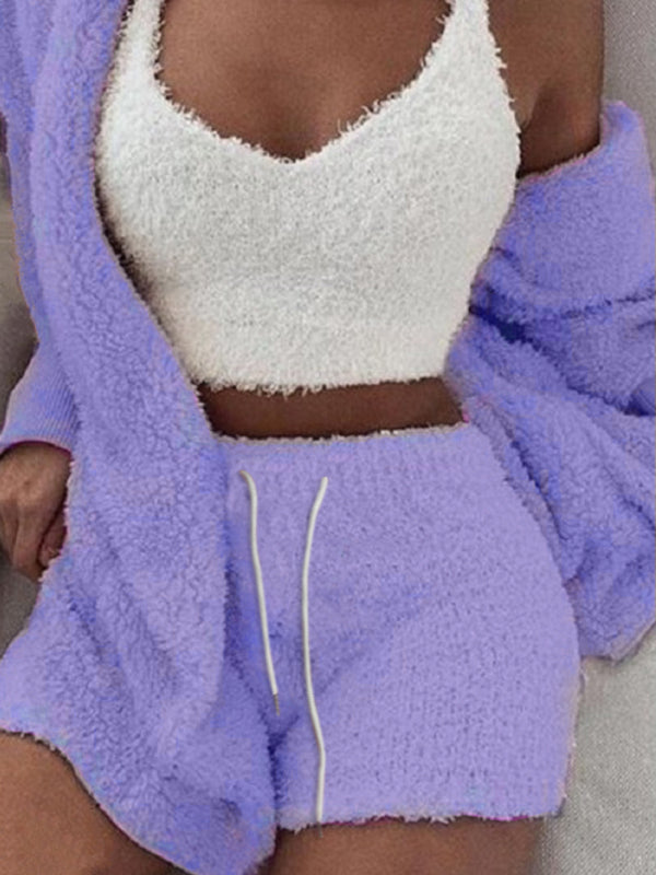 Solid Color Warm Fuzzy Fleece Faux Sherpa 3 Piece Pajamas - Serenity Land fashion