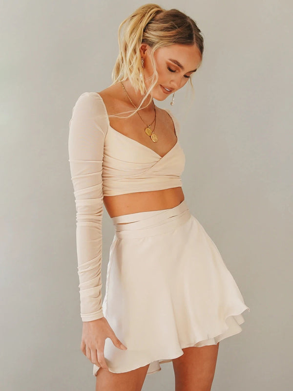 Solid Color Satin Wrap Mini Skirt - Serenity Land fashion