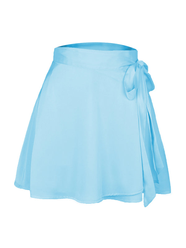 Solid Color Satin Wrap Mini Skirt - Serenity Land fashion