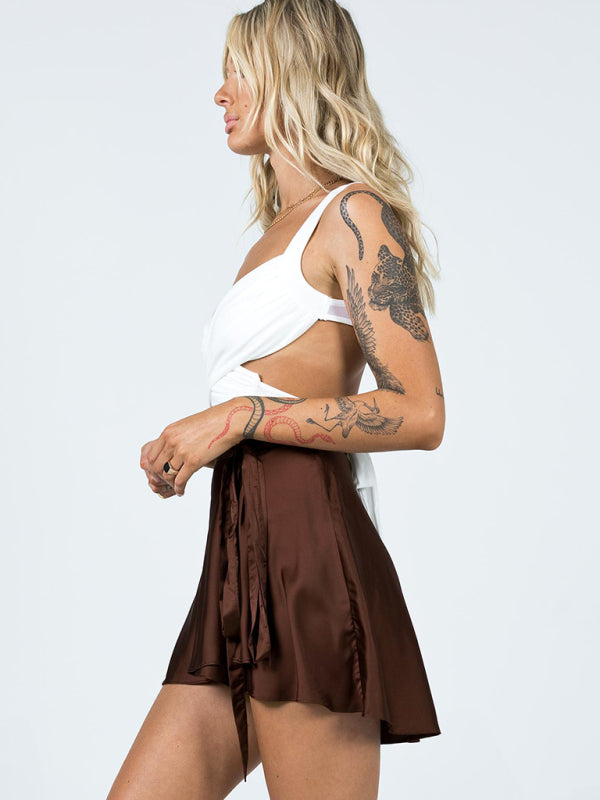 Solid Color Satin Wrap Mini Skirt - Serenity Land fashion