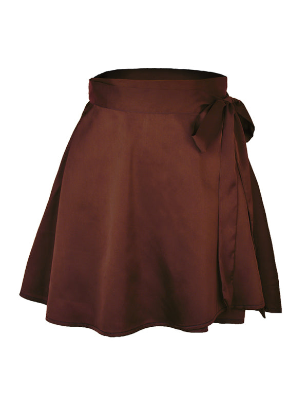 Solid Color Satin Wrap Mini Skirt - Serenity Land fashion