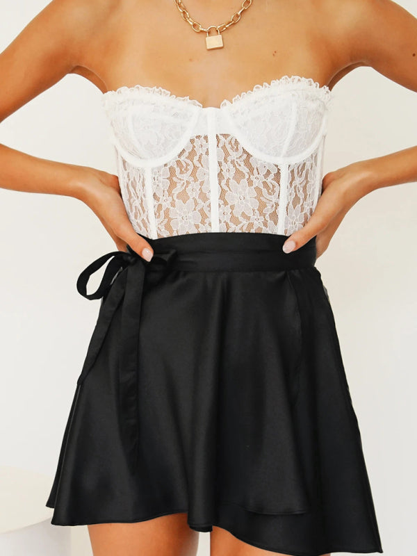 Solid Color Satin Wrap Mini Skirt - Serenity Land fashion