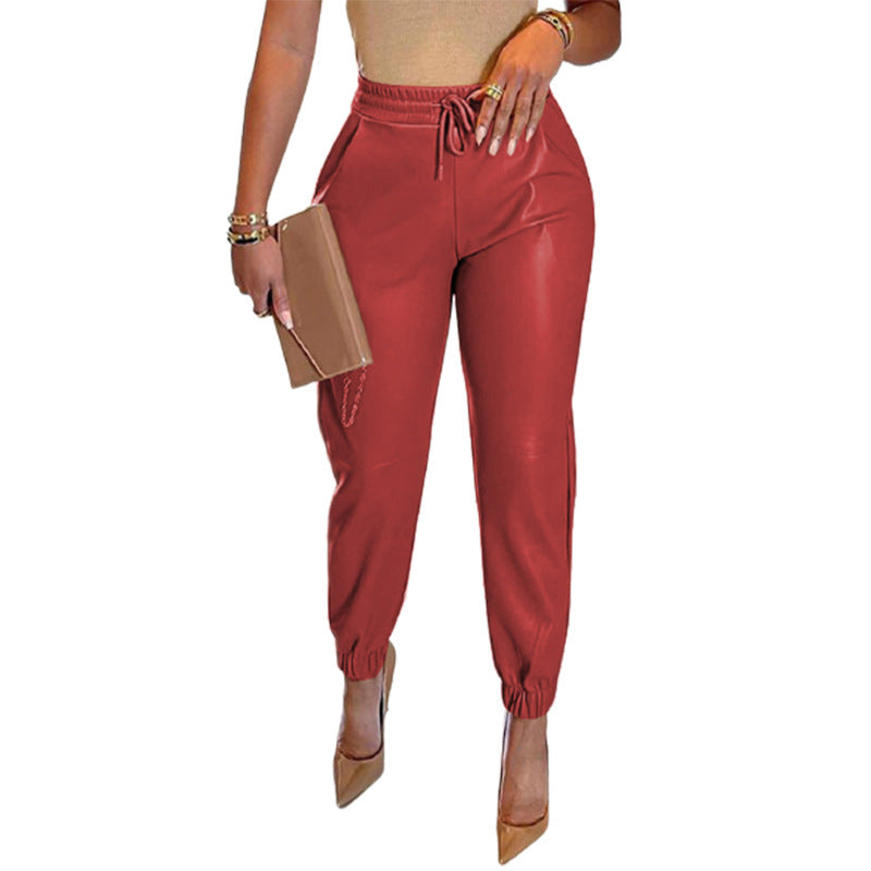 Color Faux Leather Drawstring Pants
