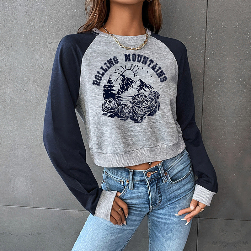 Cropped Raglan Long-sleeve Graphic Sweatshirt - Serenity Land fashion