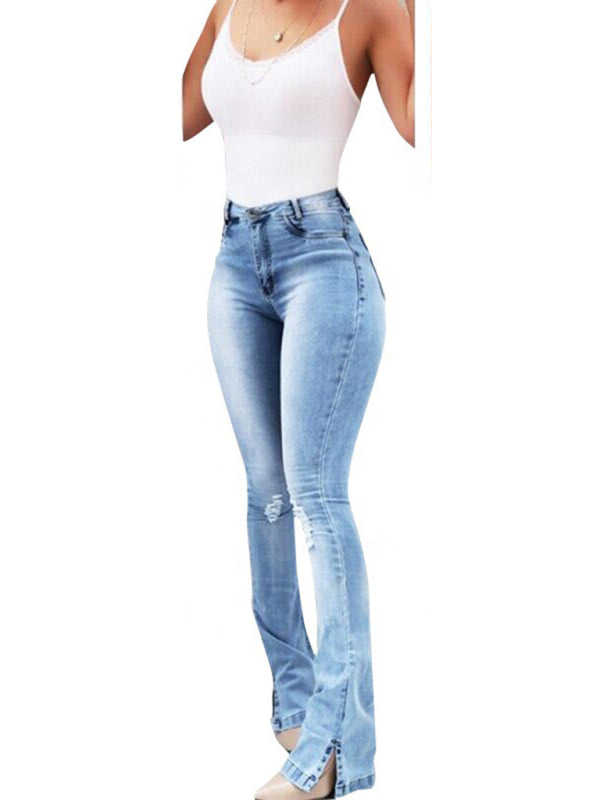 High Waist Slit Hem Flare Jeans - Serenity Land fashion