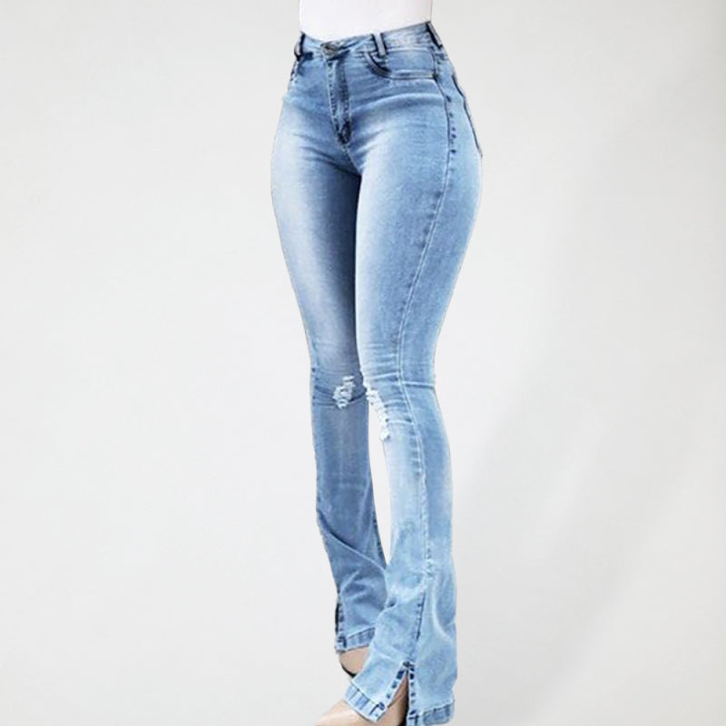 High Waist Slit Hem Flare Jeans - Serenity Land fashion